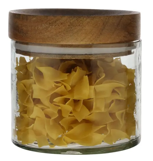 Round Clear Glass Canister With Wood Lid Containing Pasta Noodles