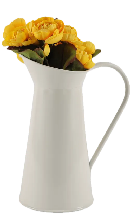 Artificial Yellow Flowers In White Metal Watering Can