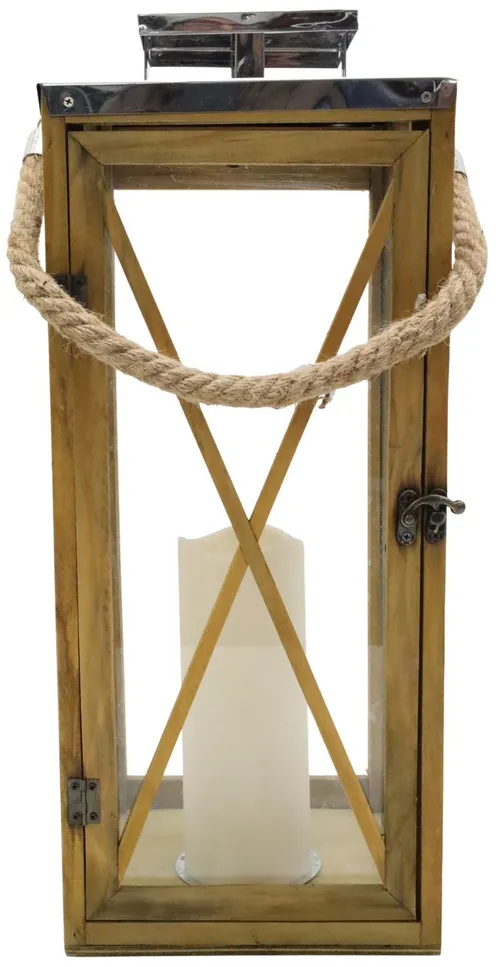 Wood & Stainless Steel Lantern With LED Candle