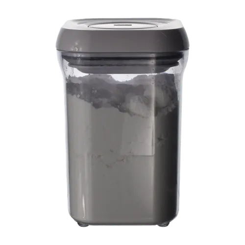Clear Square Pop Top Storage Container With White Lid Containing White Flour