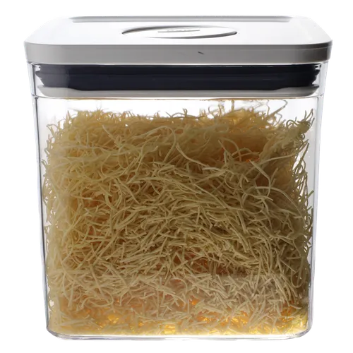 Clear Square Pop Top Low Profile Storage Container With White Lid Containing Angel Hair Pasta