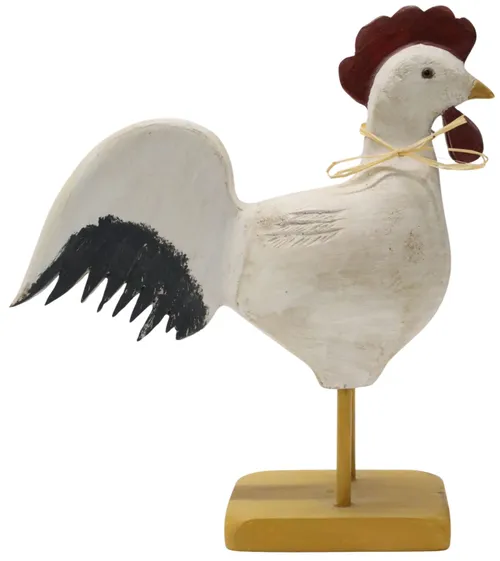 Wood Carved & Painted Rooster On Base
