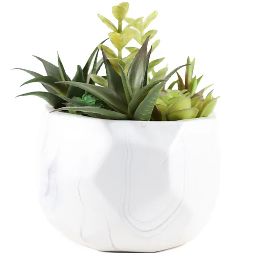 Artificial Succulents In Hexagon Marbled Ceramic Pot