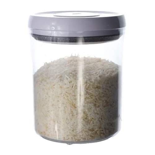 Clear Round Pop Top Storage Container With White Lid Containing Shredded Coconut