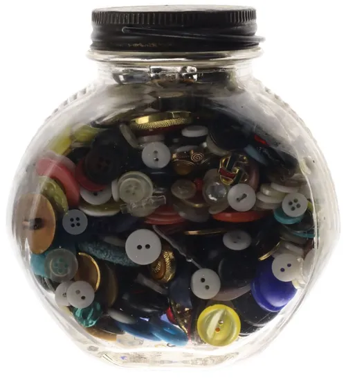 Antique Clear Glass Container With Assorted Buttons