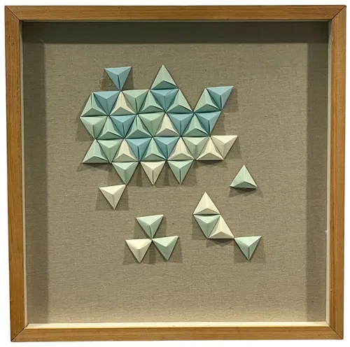 White & Blue Origami Geometric Triangles In Wood Shadowbox Frame