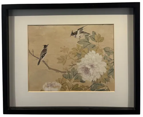 Two Crested Birds & White Peony Painting In Black Frame