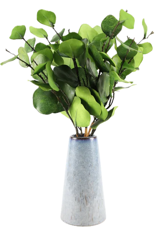 Artificial Shining Broadleaf In Blue Ceramic Vase