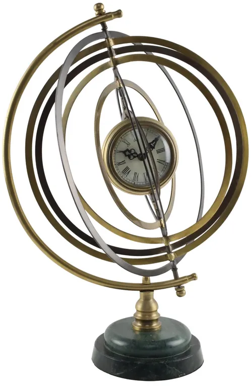 Brass Armillary With Clock On Marble Base