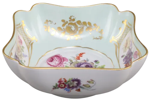 Fine Porcelain Floral Serving Bowl With Gold Trim & Scalloped Edges 