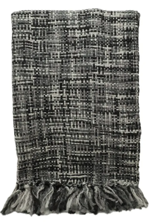 Black & White & Grey Tweed Throw Blanket With Fringe 