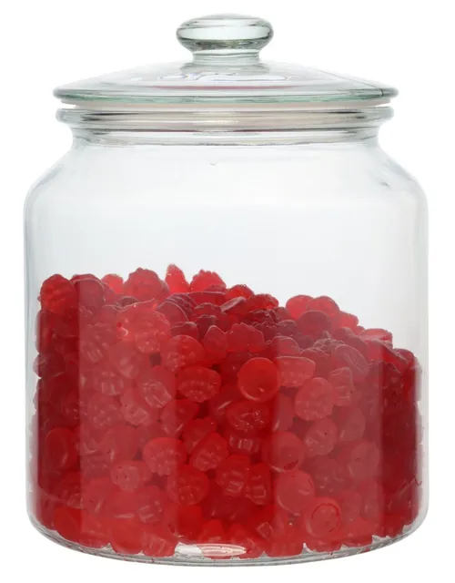 Clear Glass Canister With Lid Containing Red Candy