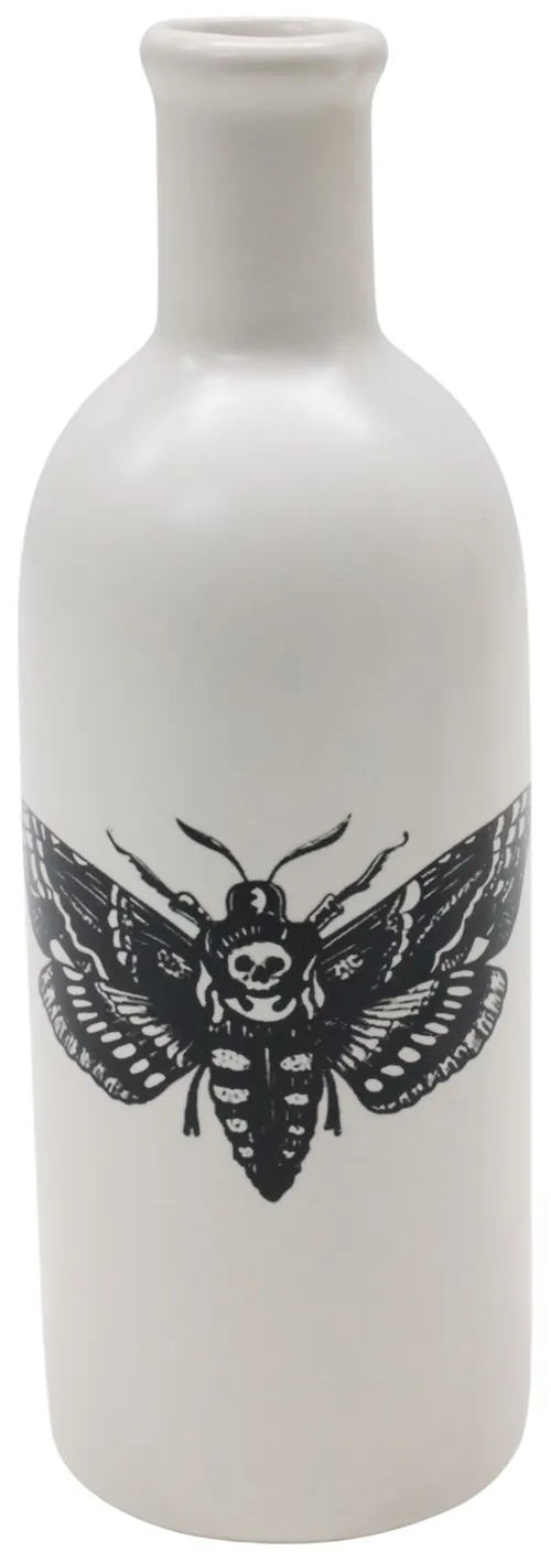 White Ceramic Oil Bottle With Black Death Moth