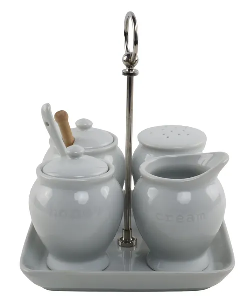 Great White Ceramic Cream & Sugar & Honey & Sprinkle Containers With Tray