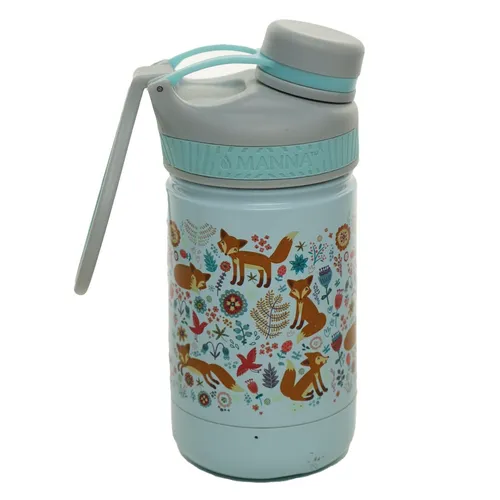 Light Blue Metal Water Bottle With Foxes & Flowers