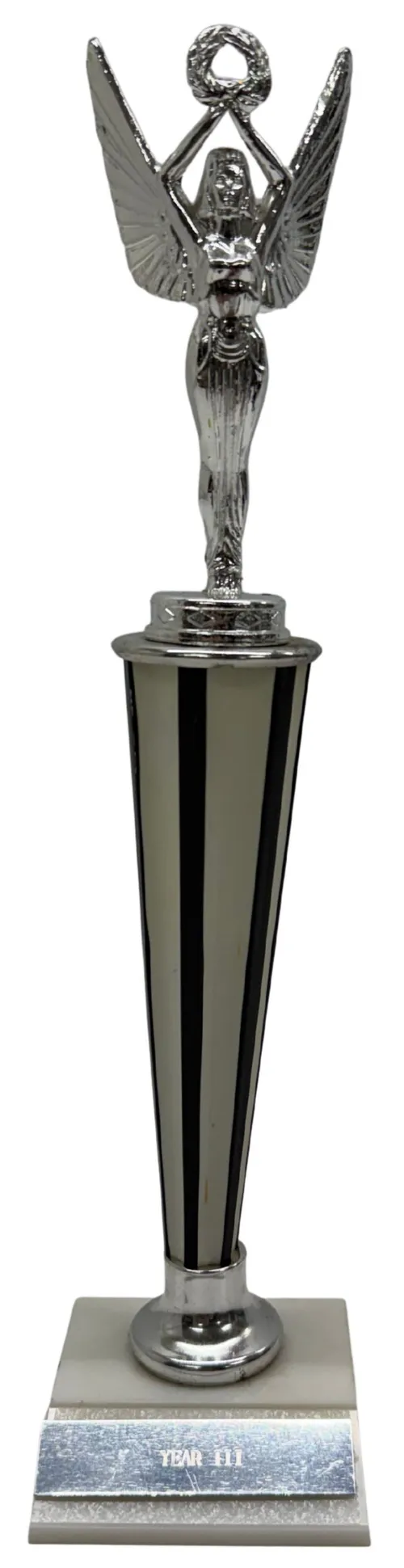 Silver Goddess Of Victory With Wreath On Black & White Tapered Trophy