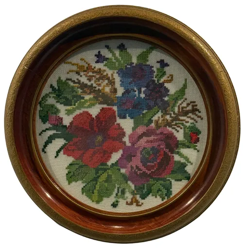 Floral Needlepoint In Round Wood Frame
