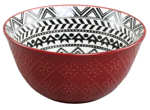 Red Embossed Small Serving Bowl With Black & White Interior Pattern