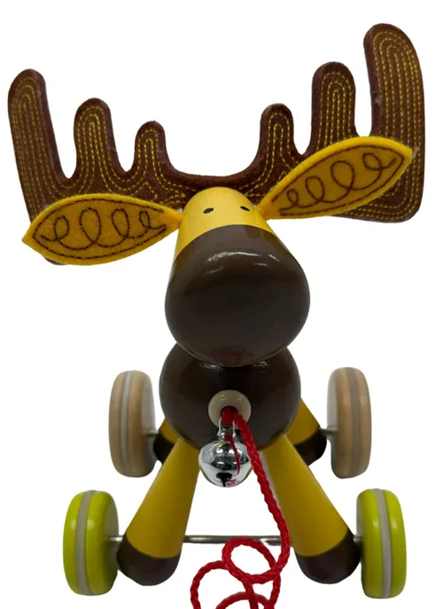 Yellow & Brown Wood Moose Pull Along Toy