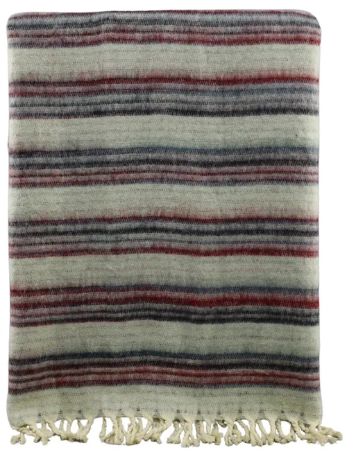Cream & Burgundy & Black Striped Throw Blanket With Fringe