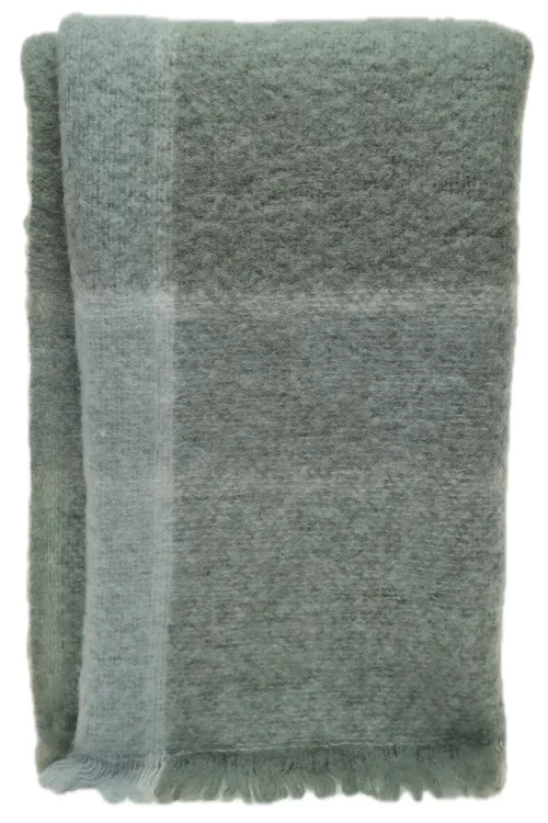 Baby Blue & Dove Grey Plaid Brushed Wool Throw Blanket With Fringe Trim