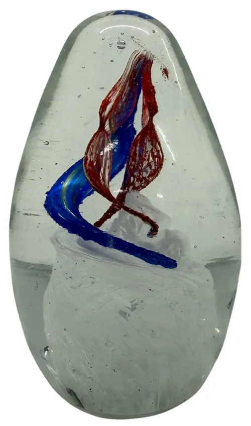 Clear Blown Glass Egg Paperweight With Red & Blue Ribbon 