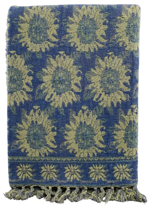 Blue & Yellow Sunflower Knit Blanket With Fringe