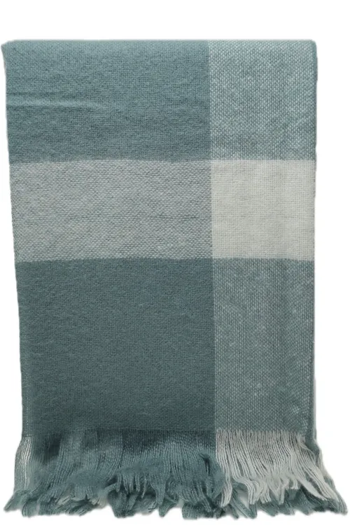 Steel Blue & White Plaid Throw Blanket With Fringe Trim