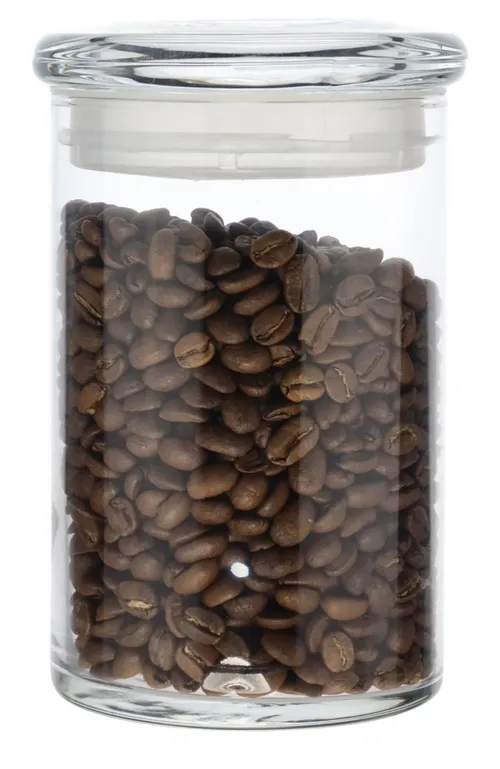 Clear Glass Canister With Lid Containing Coffee Beans