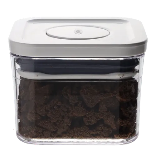 Clear Square Pop Top Low Profile Storage Container With White Lid Containing Brownie Mix