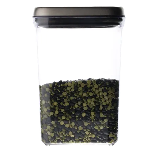 Clear Rectangular  Pop Top Storage Container With Brushed Metal Lid Containing Split Peas