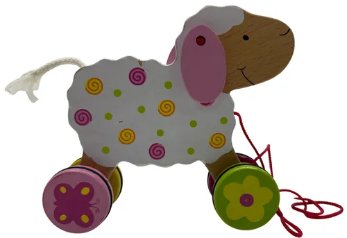 White & Pink Wood Sheep Pull Along Toy
