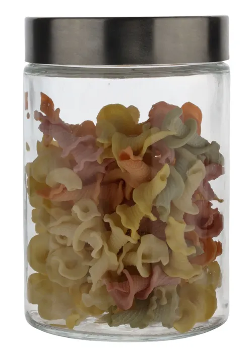 Clear Glass Canister With Silver Lid With Pasta
