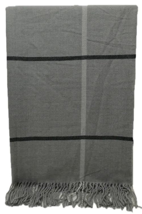 Dove Grey With White & Black Striped Plaid Throw Blanket With Fringe Trim