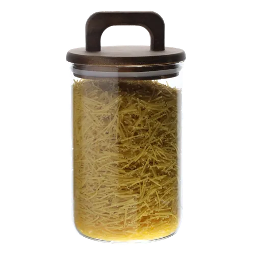 Clear Glass Canister With Acacia Wood Handled Lid Containing Pasta Noodles