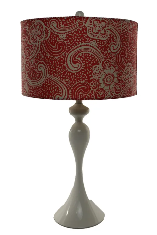 White High Gloss Figure Table Lamp With Coral & White Paisley Shade