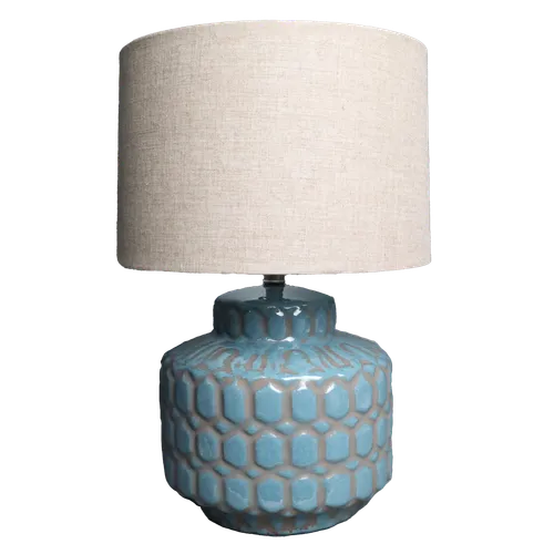 Blue Cobblestone Pottery Table Lamp With Ash Grey Grout & Natural Grass Cloth Shade