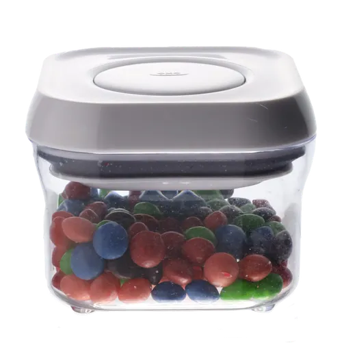 Clear Square Pop Top Storage Container With White Lid Containing Candies