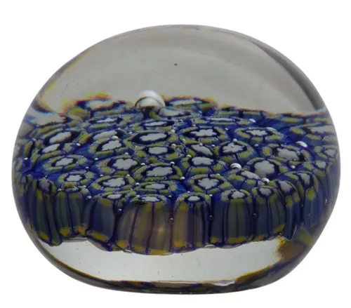 Blown Glass Paperweight With Blue Millefiori Pattern