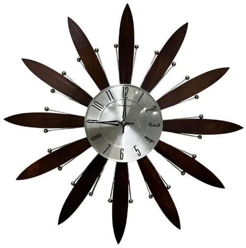 Walnut Wood & Silver Petal Sunburst Clock