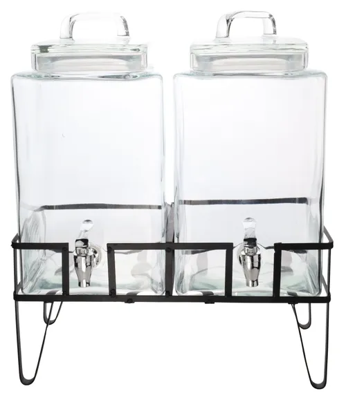 Double Clear Glass Beverage Dispenser On Black Stand