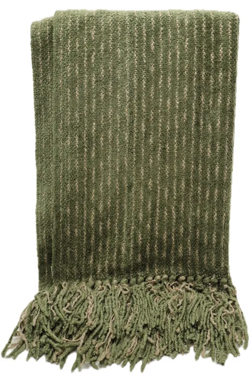 Chenille Moss Green & Taupe Lines Throw Blanket With Tassel Fringe Trim
