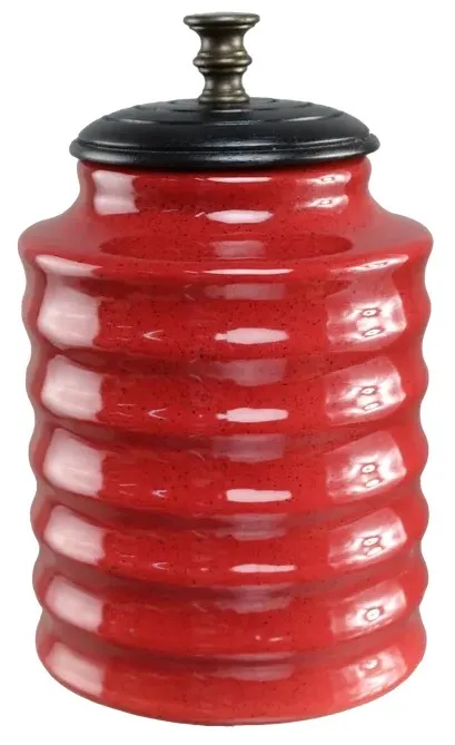 Ox Blood Red Banded Canister With Black Metal Lid