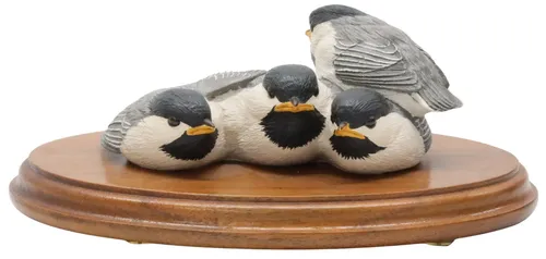 Ceramic Chickadee Birds On Wood Base