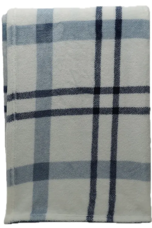 White Fleece With Navy Blue Tartan Throw Blanket