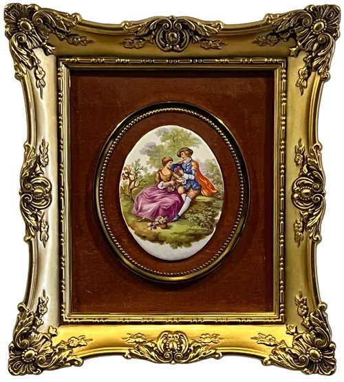 Courting Couple II On Porcelain In Gold Ornate Frame