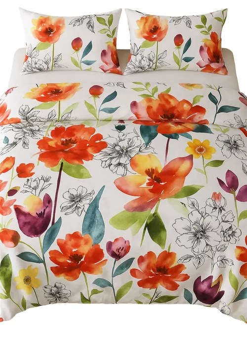 Botanical Flowers Duvet Cover With Two Pillow Cases - Queen