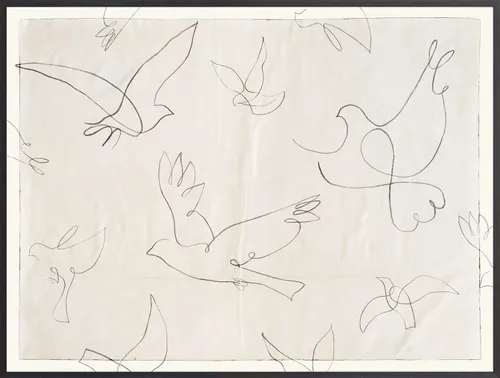 Line Bird Drawing On Paper With Dark Wood Frame
