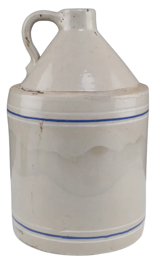 White Stoneware Crock Jug With Blue Stripes