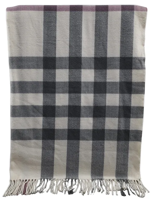 Cream & Grey & Plum Tartan Throw Blanket With Fringe
